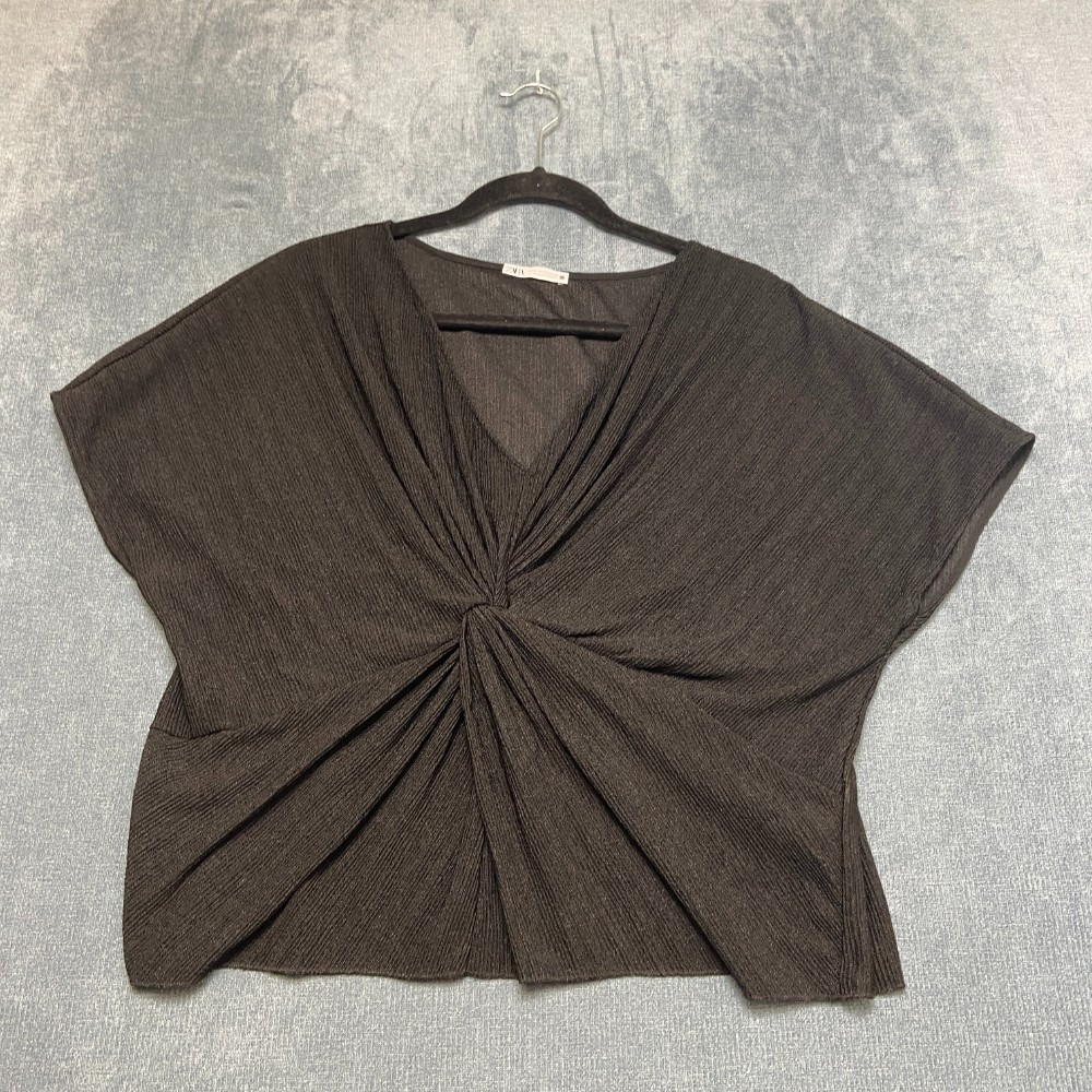 Zara Blouse Top Womens M Black Textured Front Knot Sleeveless V Neck Pullover
